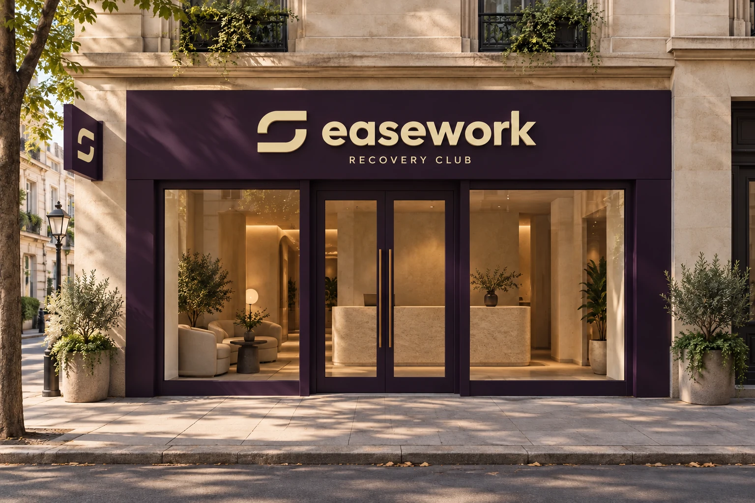 EASEWORK self-initiated recovery club concept, with aubergine and butter exterior signage