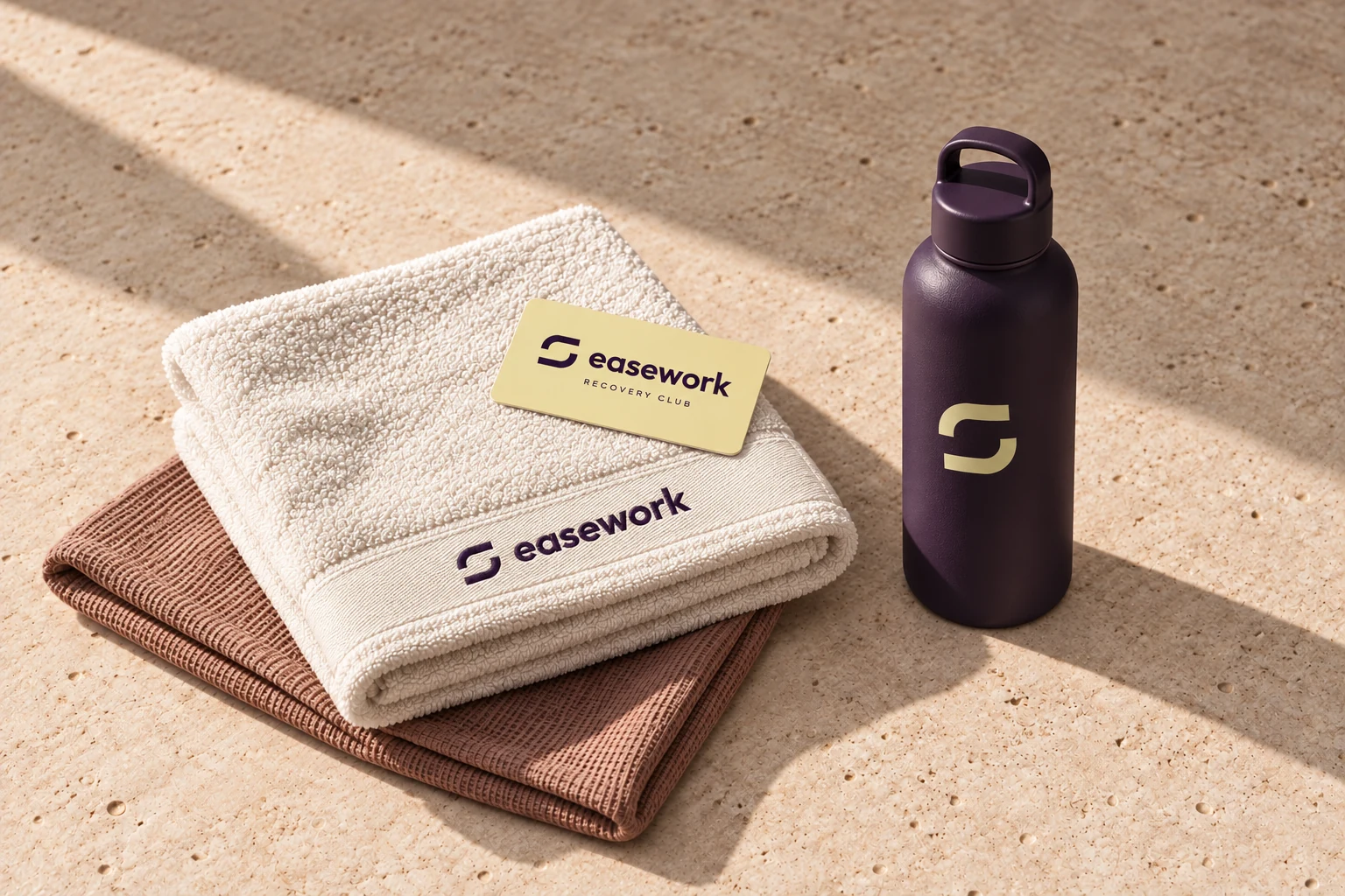 Concept easework everyday objects showing the coordinated logo, colours and tactile material direction.