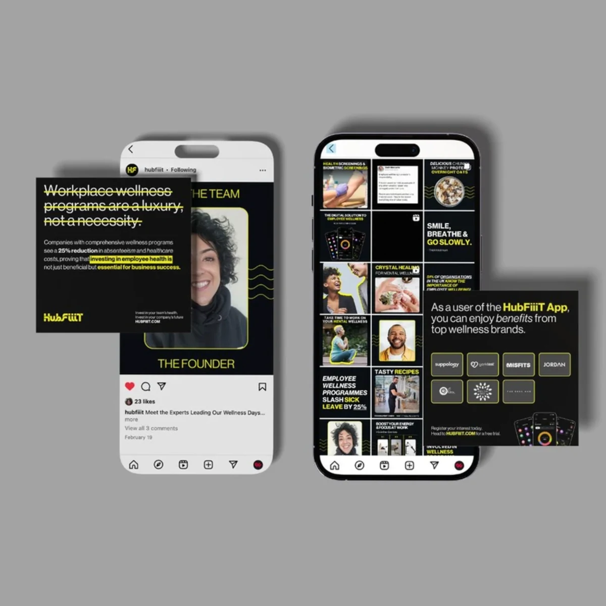 HubFiiiT social content presented on two mobile screens