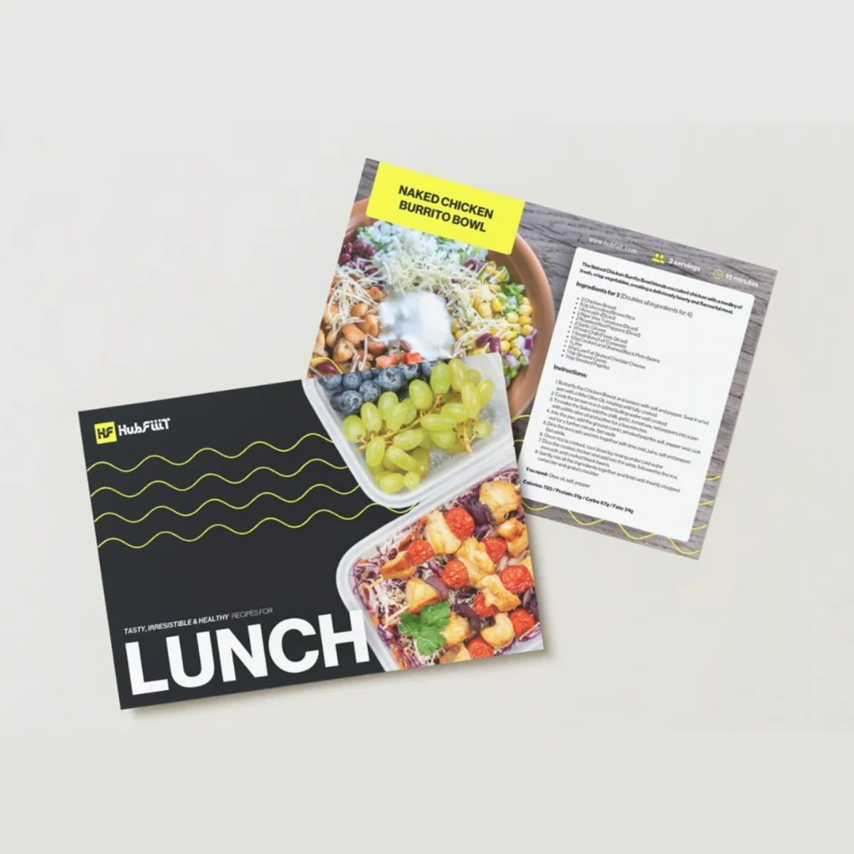 HubFiiiT nutrition guide and printed lunch materials in the black and yellow identity