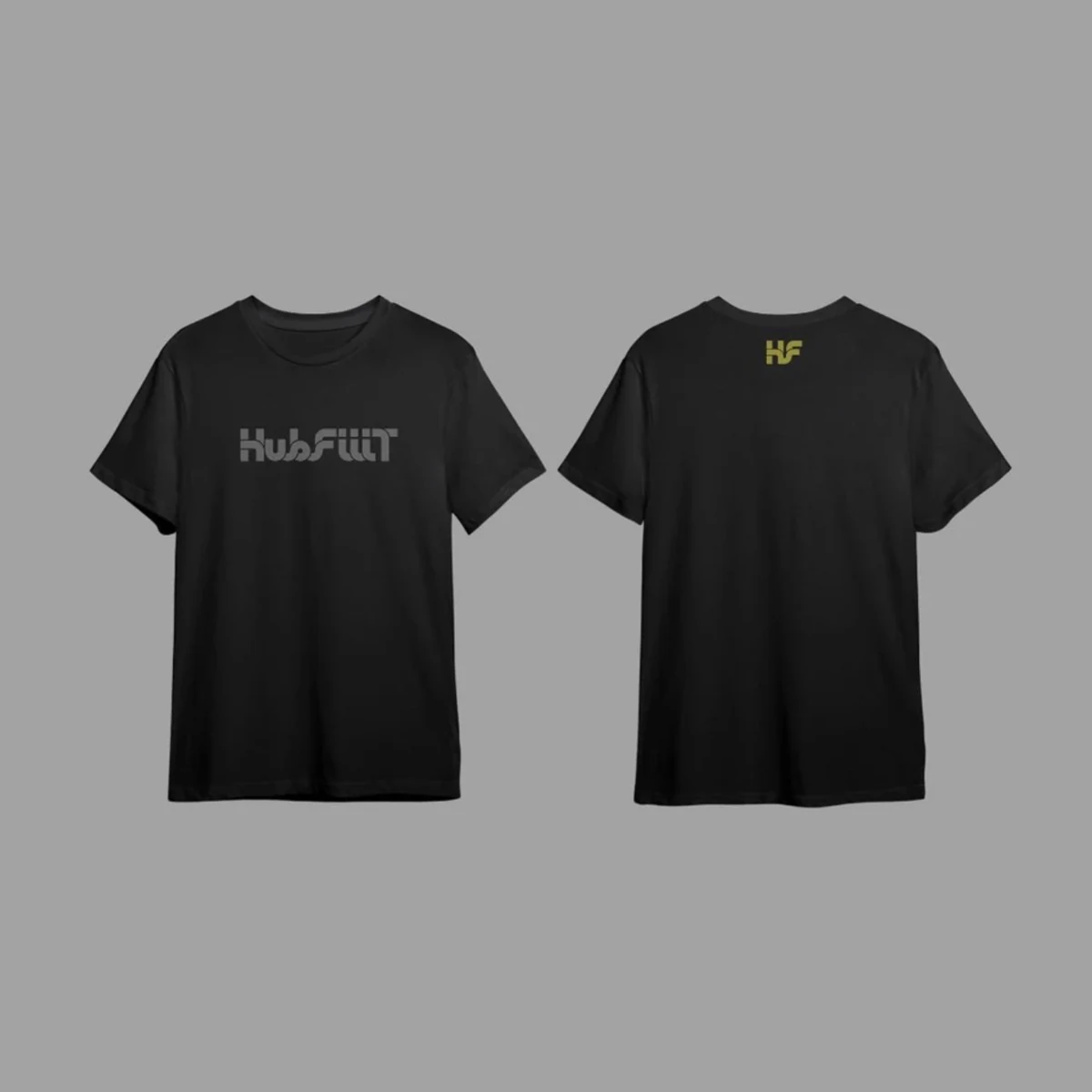 Front and back of original black HubFiiiT T-shirts, with the wordmark and monogram