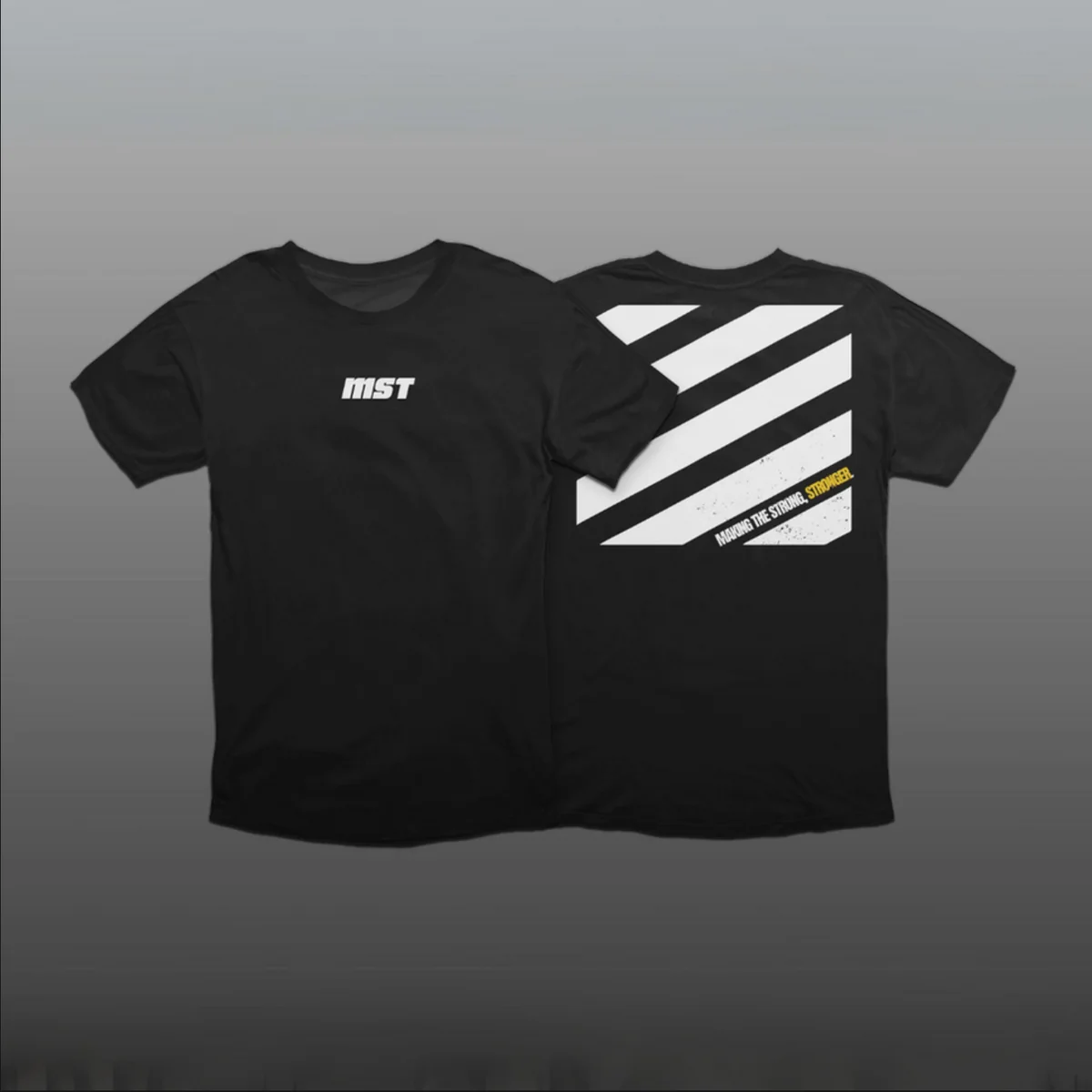 Front and back of the MST Systems black T-shirt design